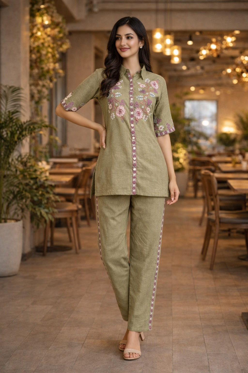 Women's Cotton-Linen Cutwork Flower Embroidery Co-ord Set