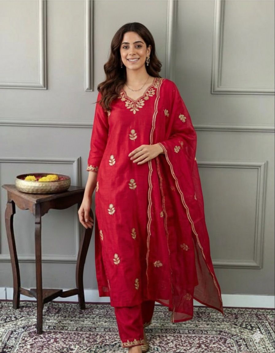 Woman Pink Silk  cottan Blend Embroidered Kurta Set with Dupatta