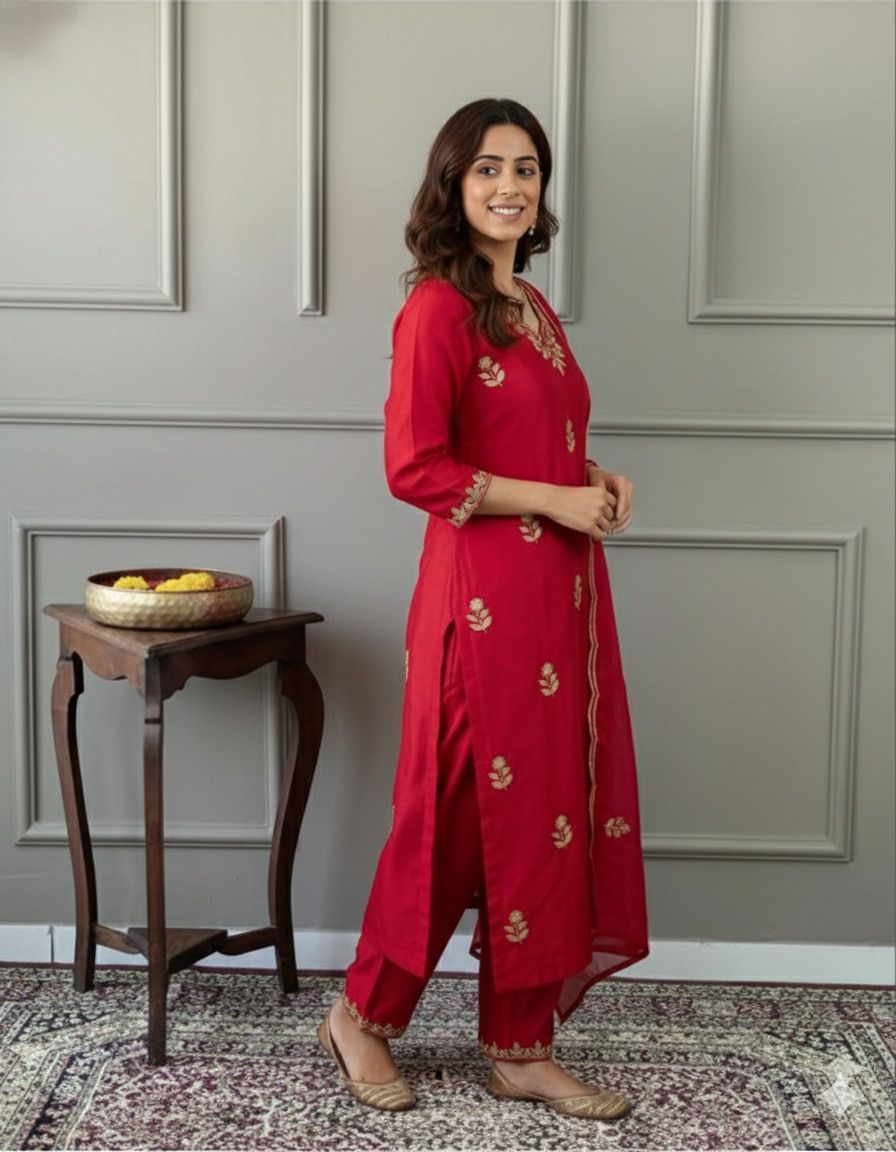 Woman Pink Silk  cottan Blend Embroidered Kurta Set with Dupatta