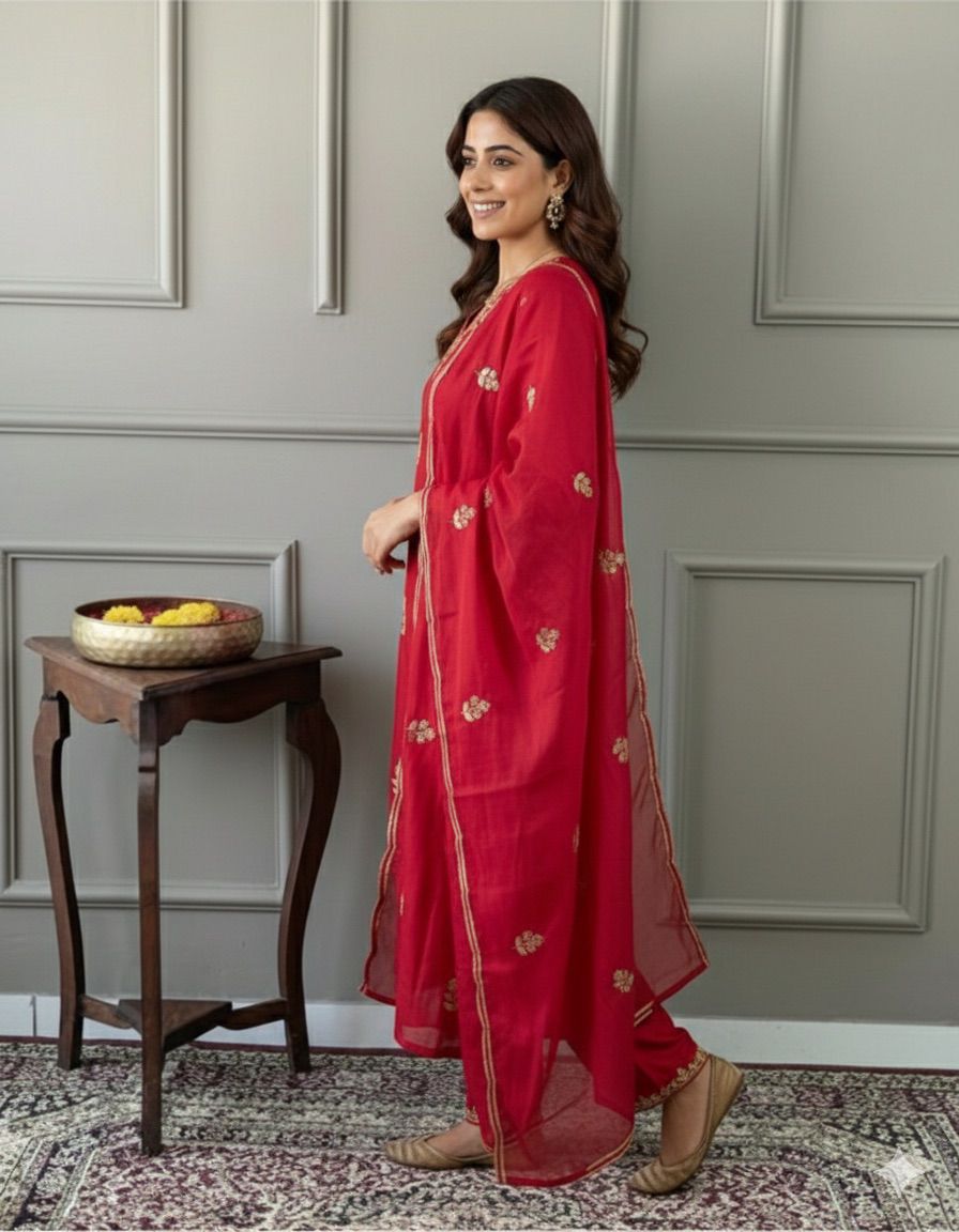 Woman Pink Silk  cottan Blend Embroidered Kurta Set with Dupatta