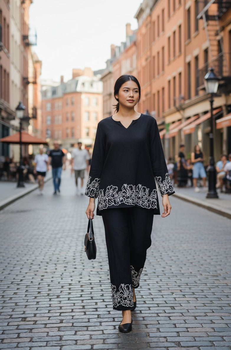 Women's  Flower Embroidery Co-ord Set