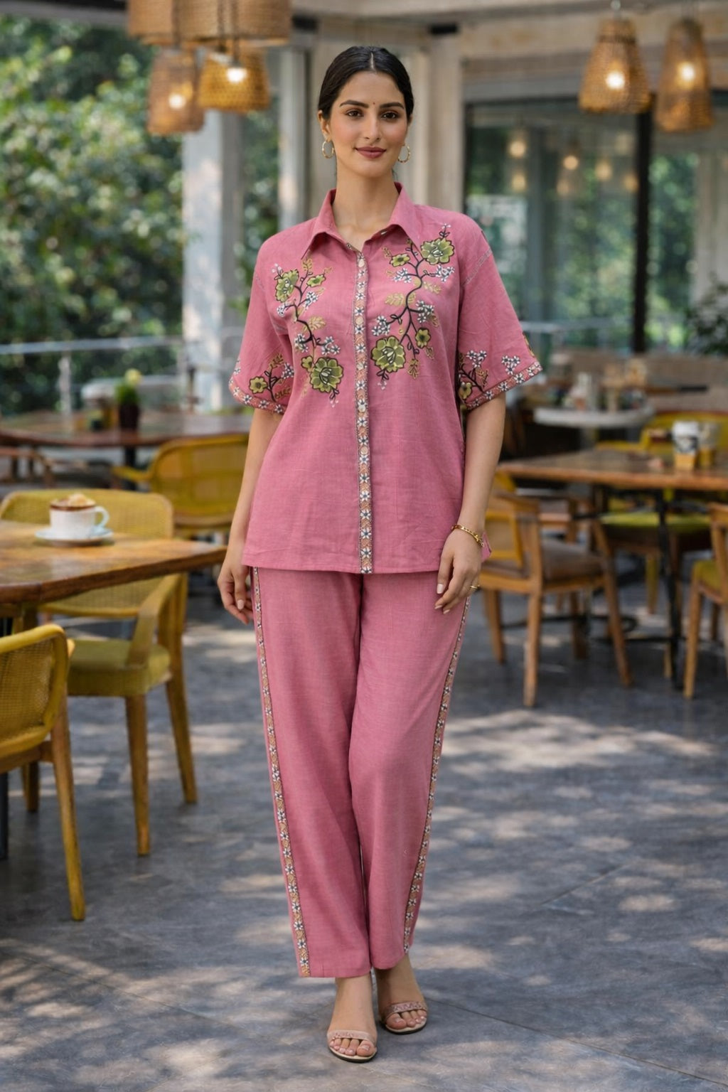 Women's Cotton-Linen Cutwork Flower Embroidery Co-ord Set