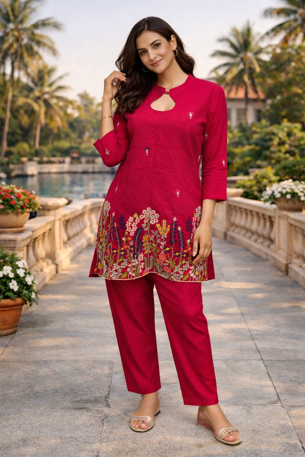 Women's Cotton-Linen Cutwork Flower Embroidery Co-ord Set