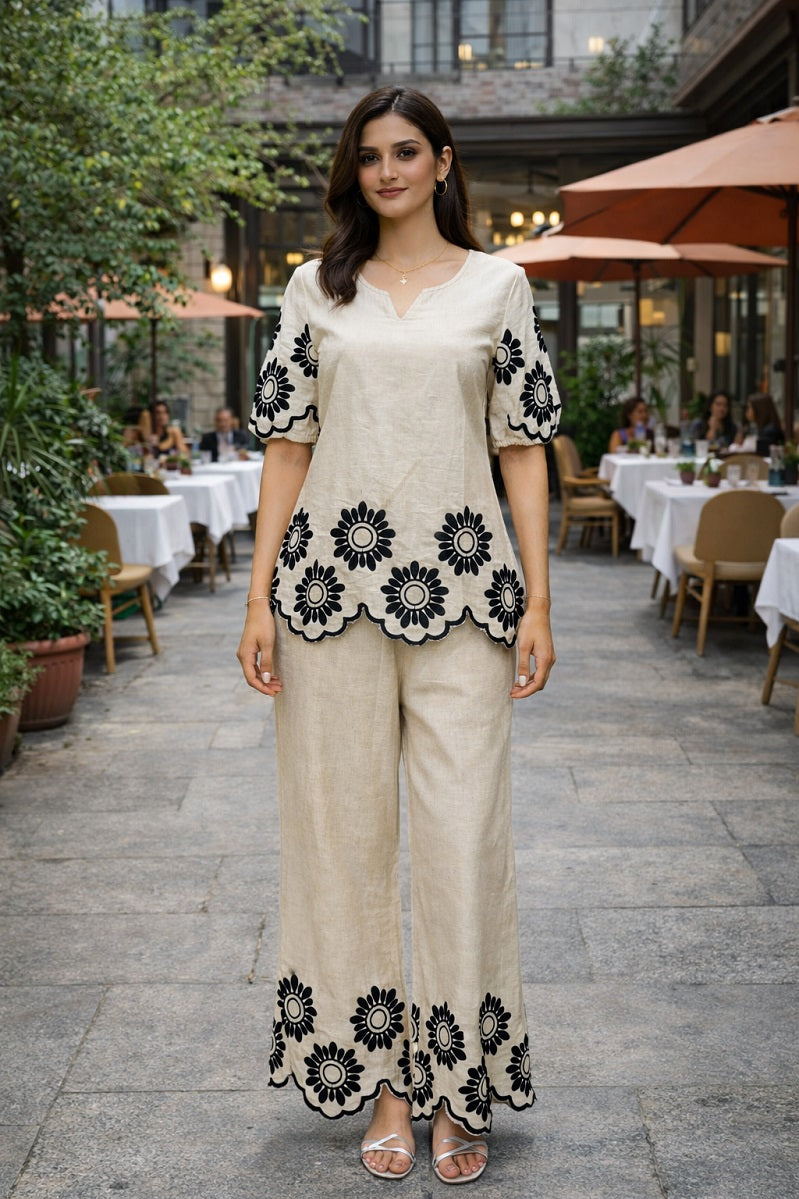 Women's Cotton-Linen Cutwork Flower Embroidery Co-ord Set