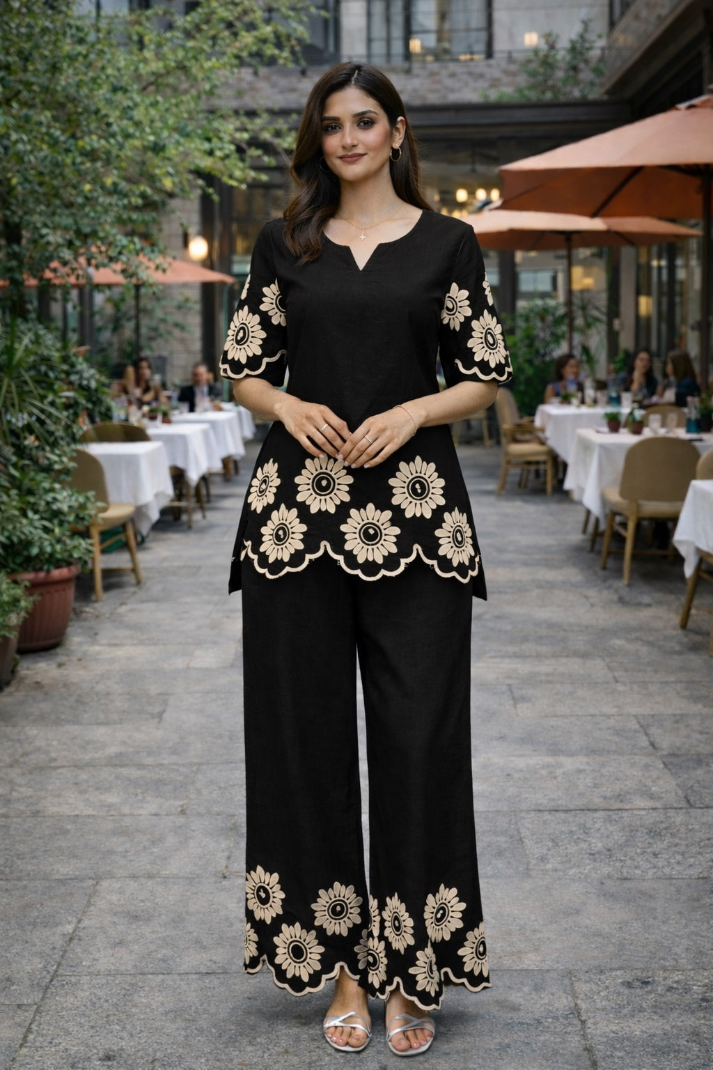 Women's  Cotton-Linen Cutwork Flower Embroidery Co-ord Set
