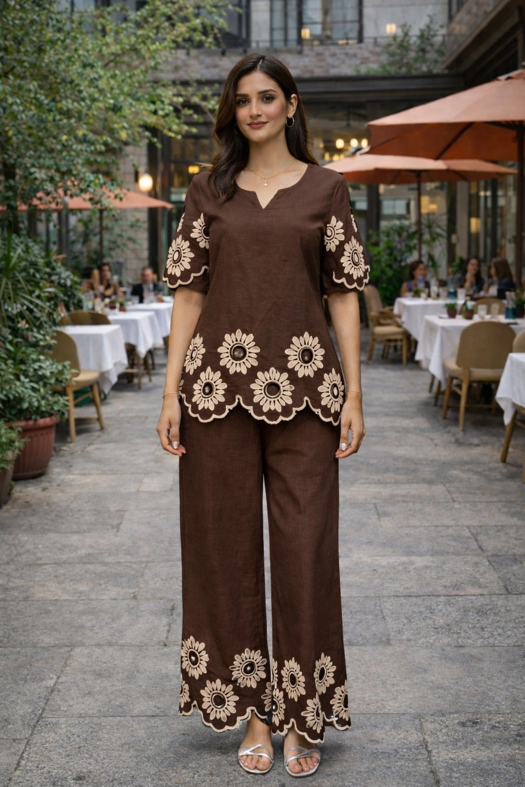 Women's Cotton-Linen Cutwork Flower Embroidery Co-ord Set
