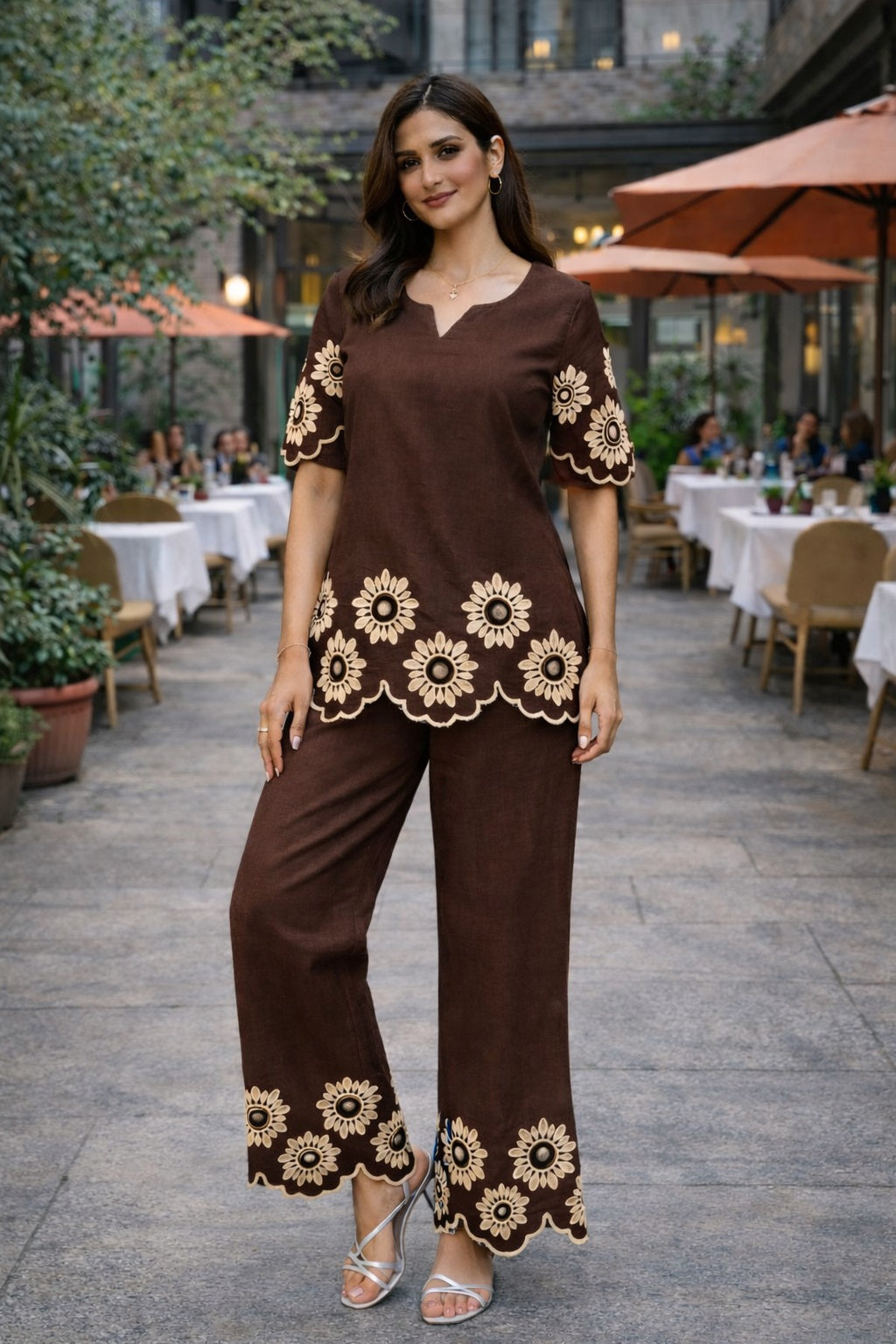 Women's Cotton-Linen Cutwork Flower Embroidery Co-ord Set