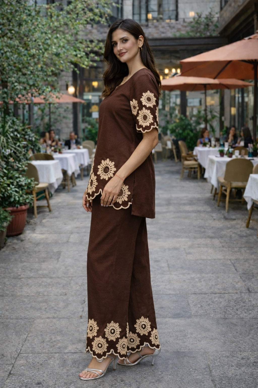 Women's Cotton-Linen Cutwork Flower Embroidery Co-ord Set