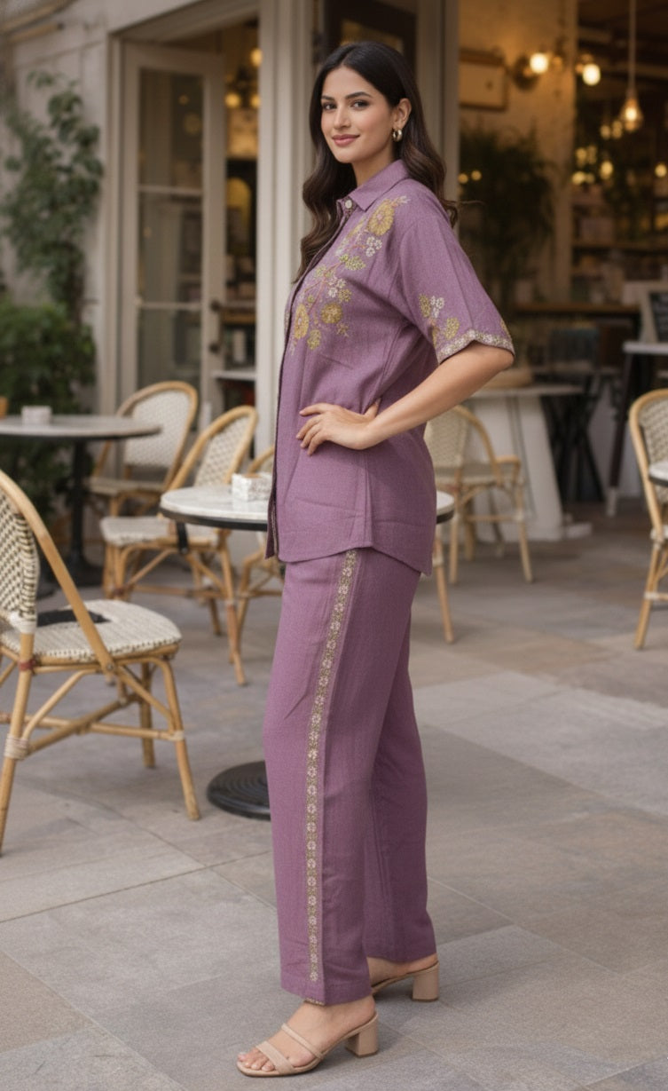 Women's  Cotton-Linen Cutwork Flower Embroidery Co-ord Set