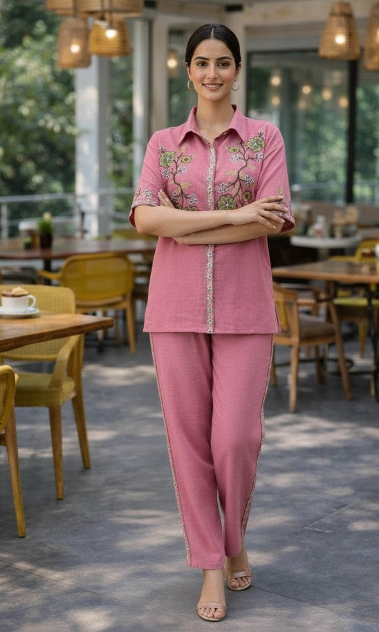 Women's Cotton-Linen Cutwork Flower Embroidery Co-ord Set