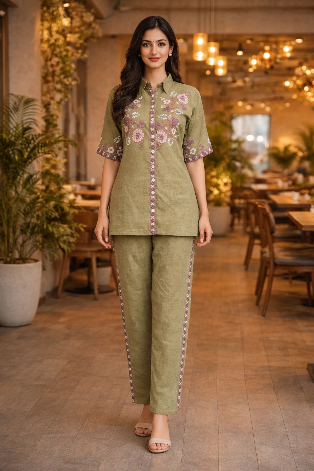 Women's Cotton-Linen Cutwork Flower Embroidery Co-ord Set