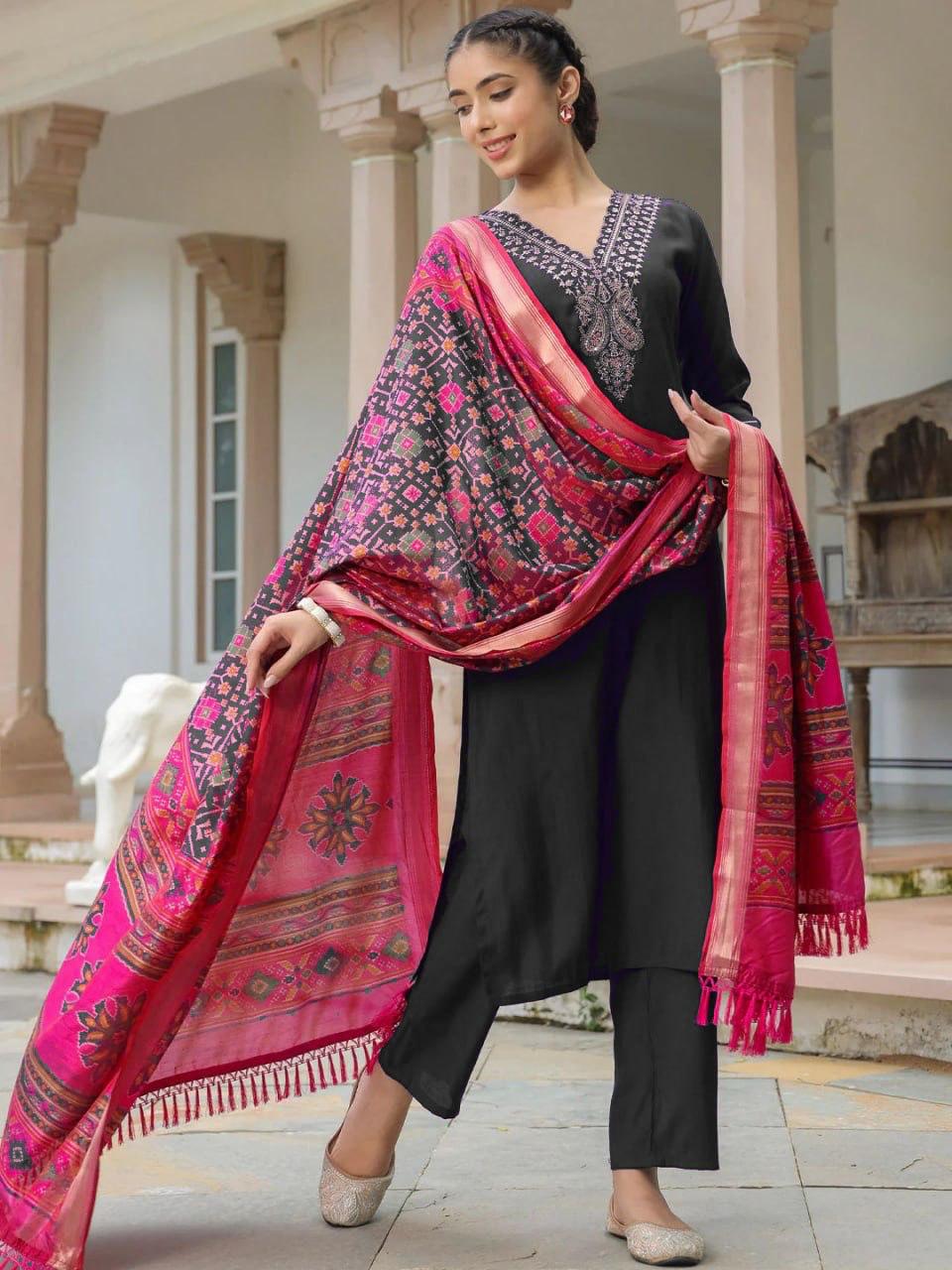 Woman  Embroidered Kurta Set with Pink Printed Dupatta
