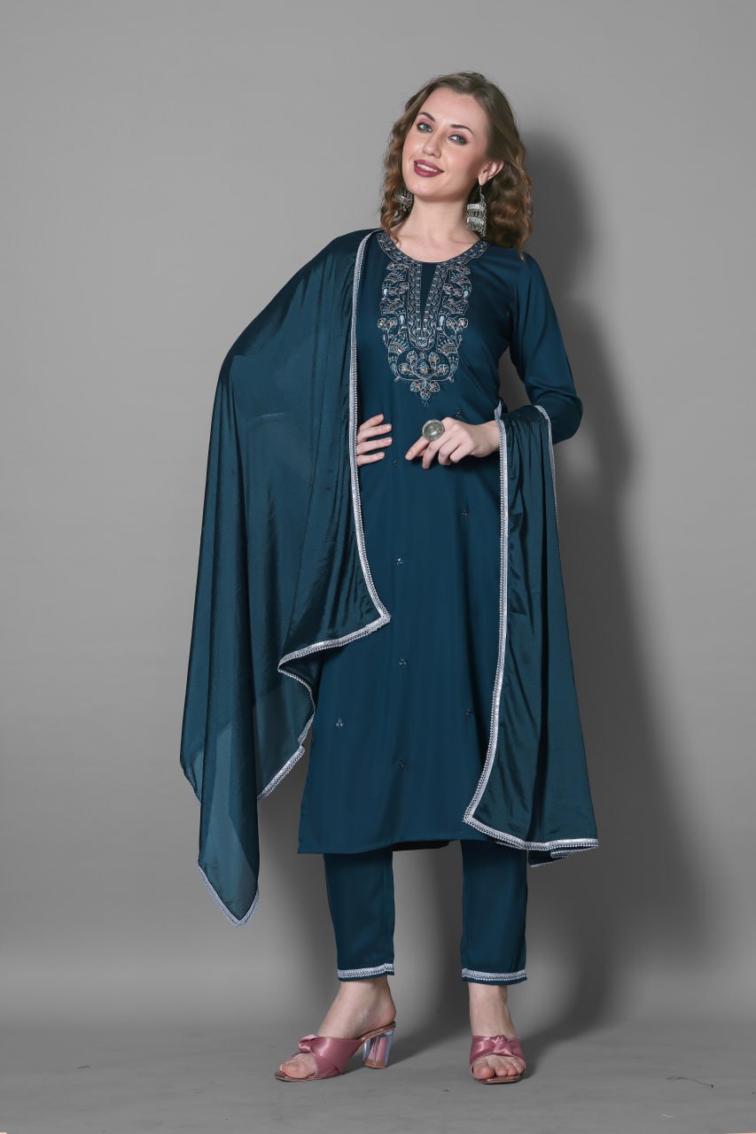 Women's Silk Blend Embroidered  Kurti With Pant Dupatta Set
