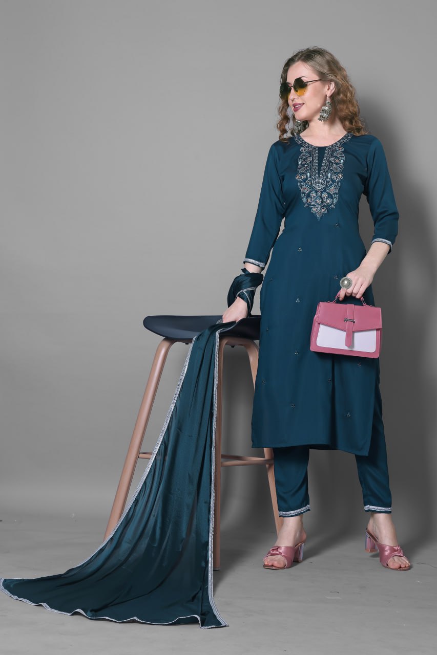 Women's Silk Blend Embroidered  Kurti With Pant Dupatta Set