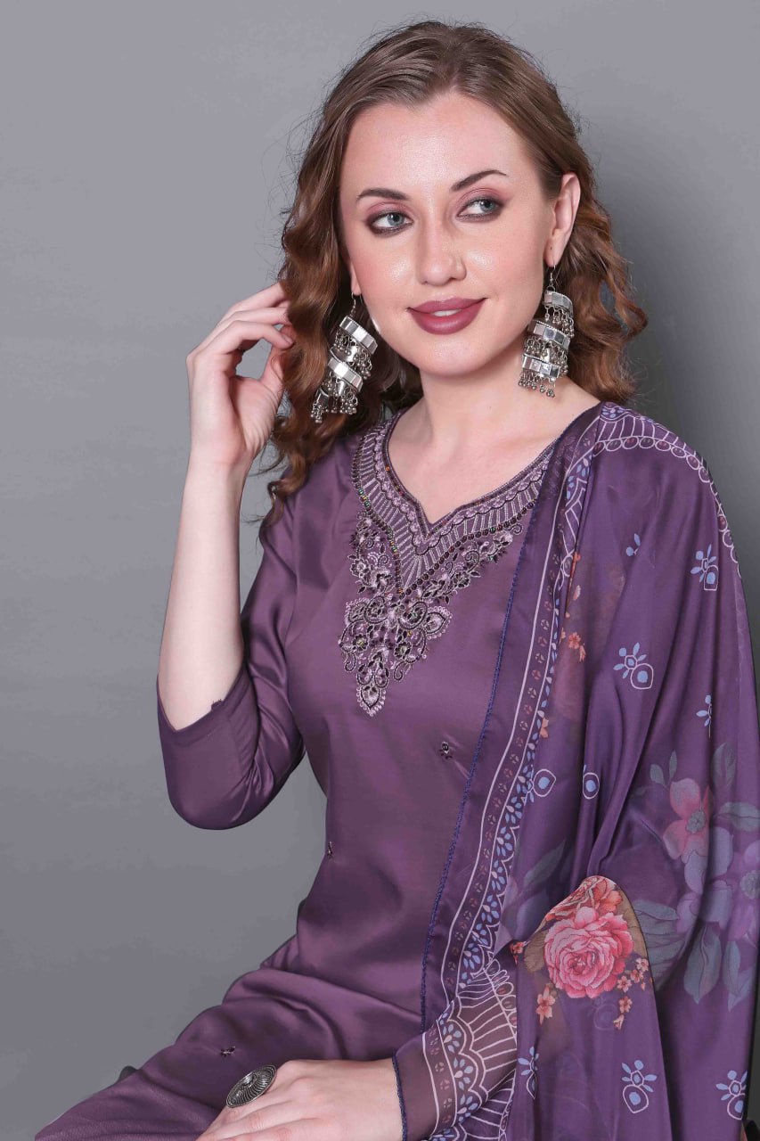 Woman Embroidered Work Silk Readymade Salwar Suit