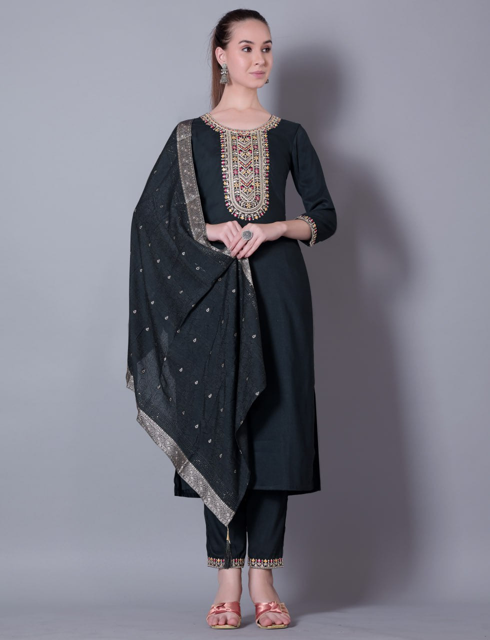Woman Embroidered Fully Stitched Kurta, Pant and Dupatta Set