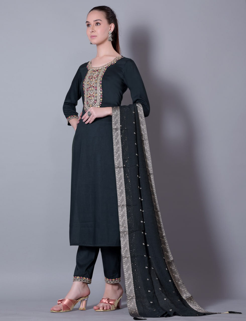 Woman Embroidered Fully Stitched Kurta, Pant and Dupatta Set