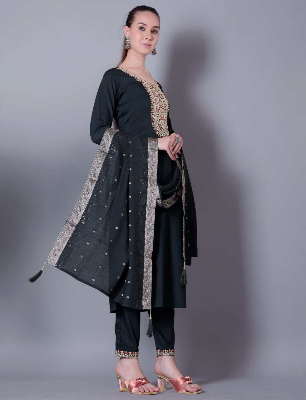 Woman Embroidered Fully Stitched Kurta, Pant and Dupatta Set