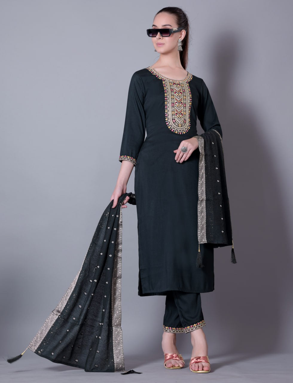 Woman Embroidered Fully Stitched Kurta, Pant and Dupatta Set