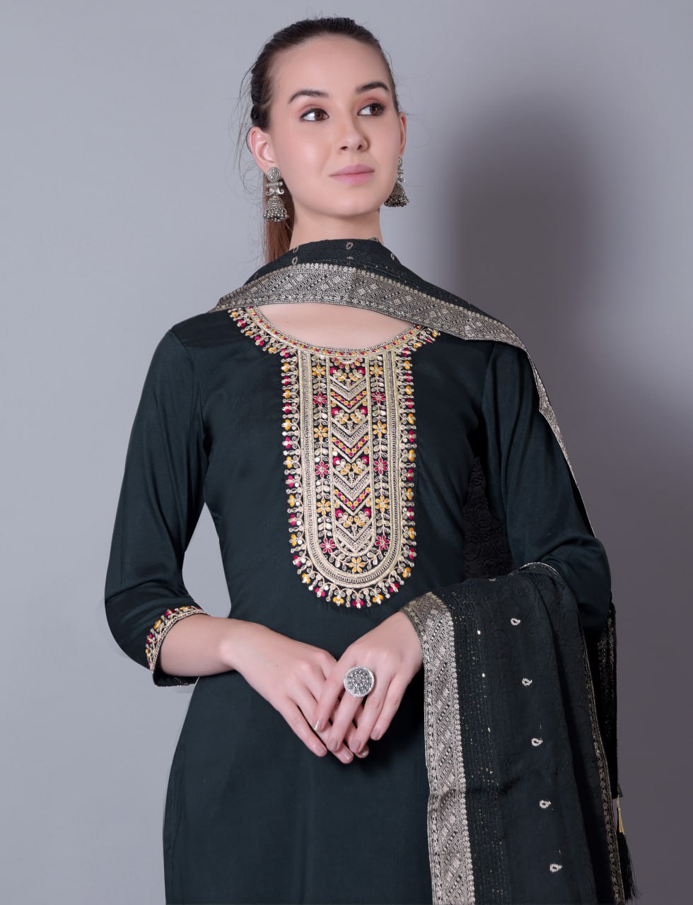 Woman Embroidered Fully Stitched Kurta, Pant and Dupatta Set