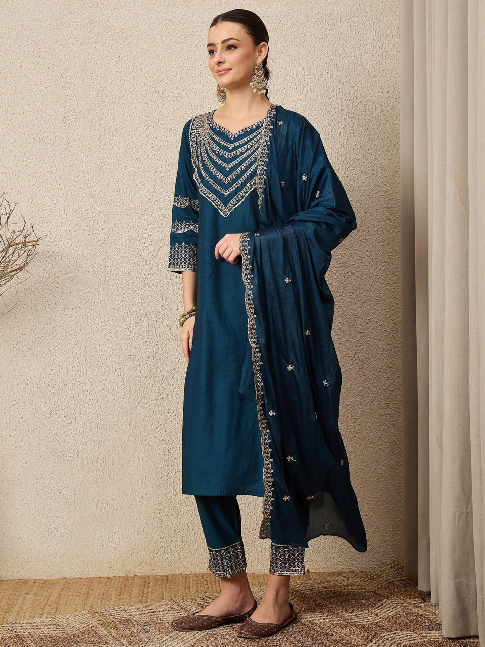 Women's Viscose Rayon Navy Blue Casual Wear Embroidery Work ..