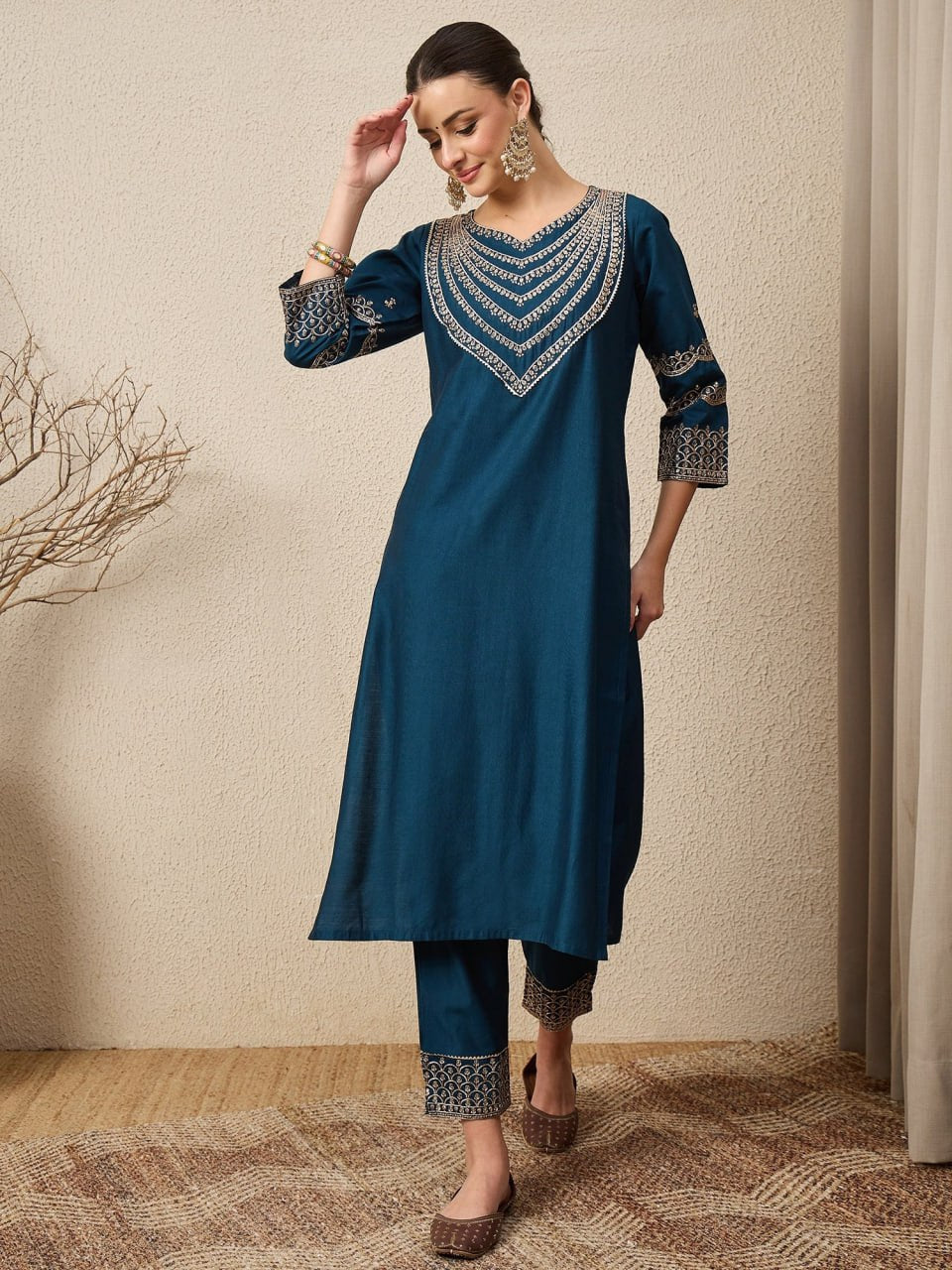 Women's Viscose Rayon Navy Blue Casual Wear Embroidery Work ..