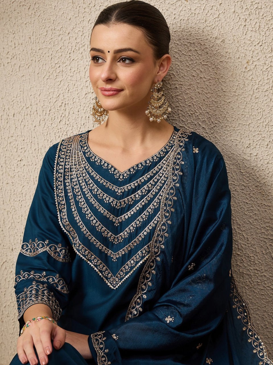 Women's Viscose Rayon Navy Blue Casual Wear Embroidery Work ..