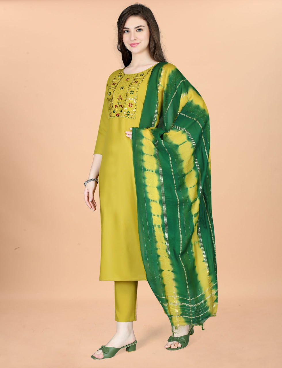 Mustard Yellow Embroidered Kurta Set with Green Designer Dupatta