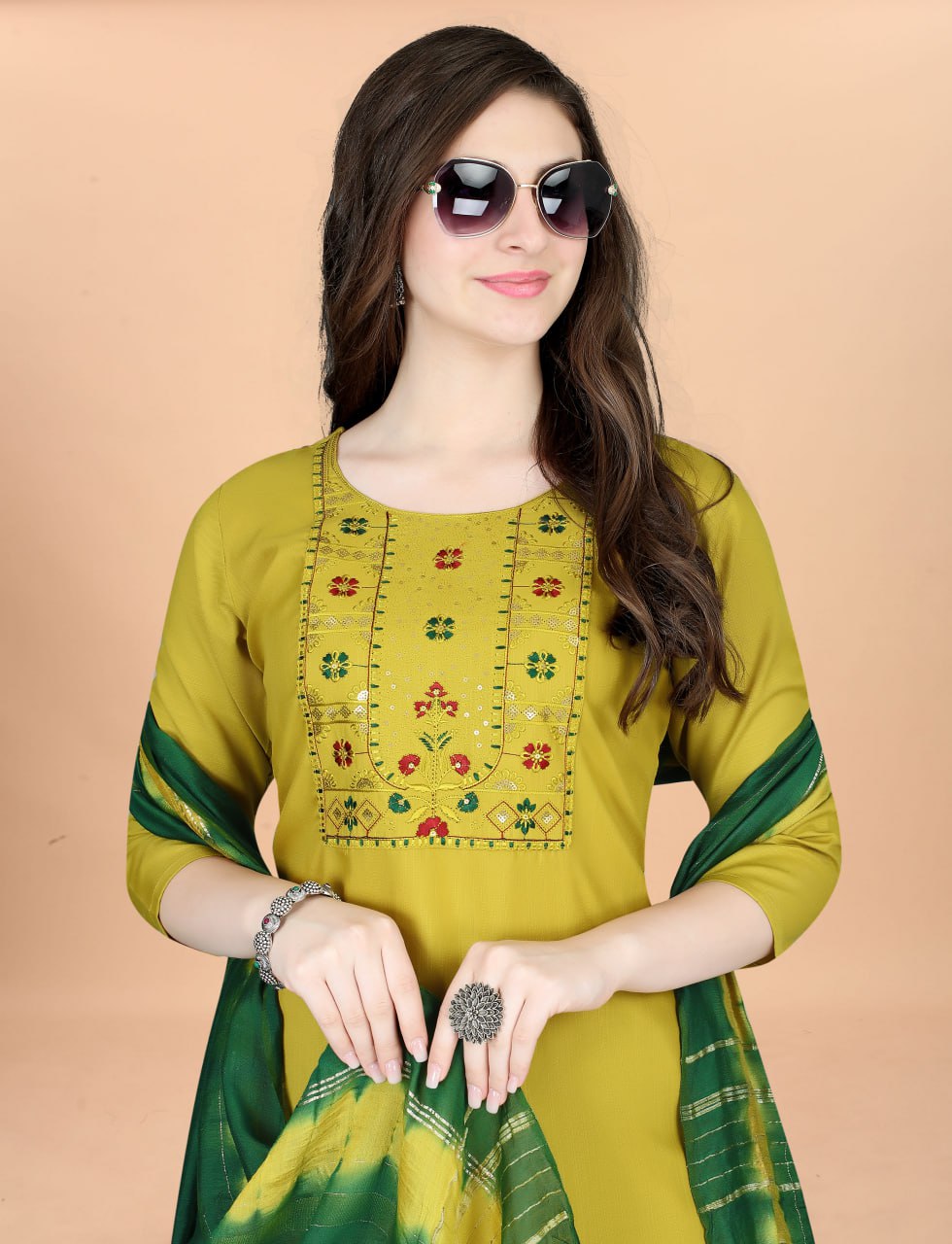 Mustard Yellow Embroidered Kurta Set with Green Designer Dupatta