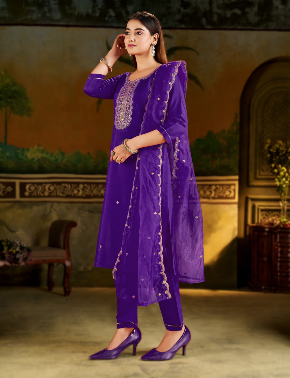 Royal Purple Embroidered Kurta Pant Set with Organza Dupatta
