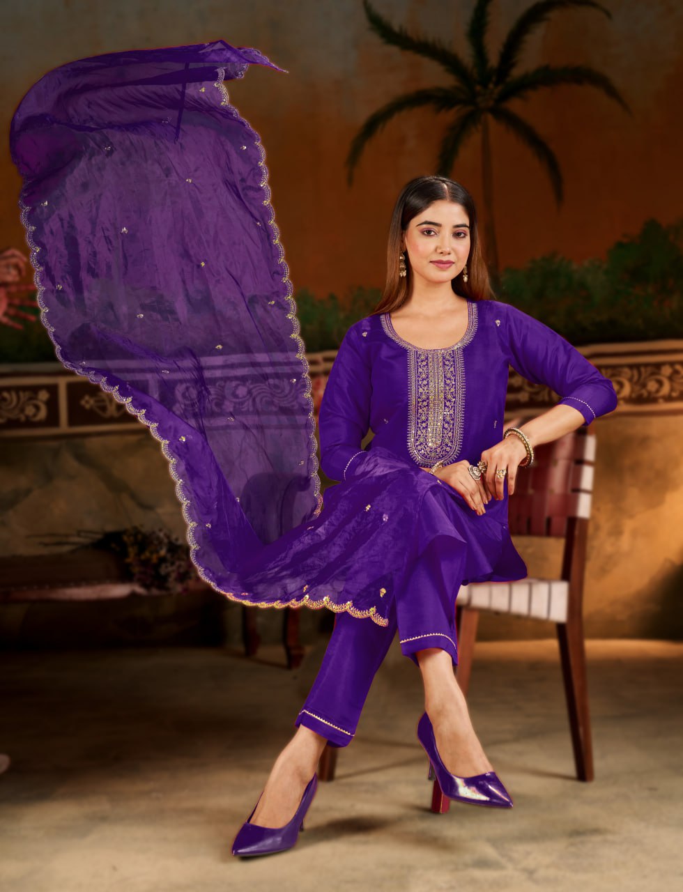 Royal Purple Embroidered Kurta Pant Set with Organza Dupatta