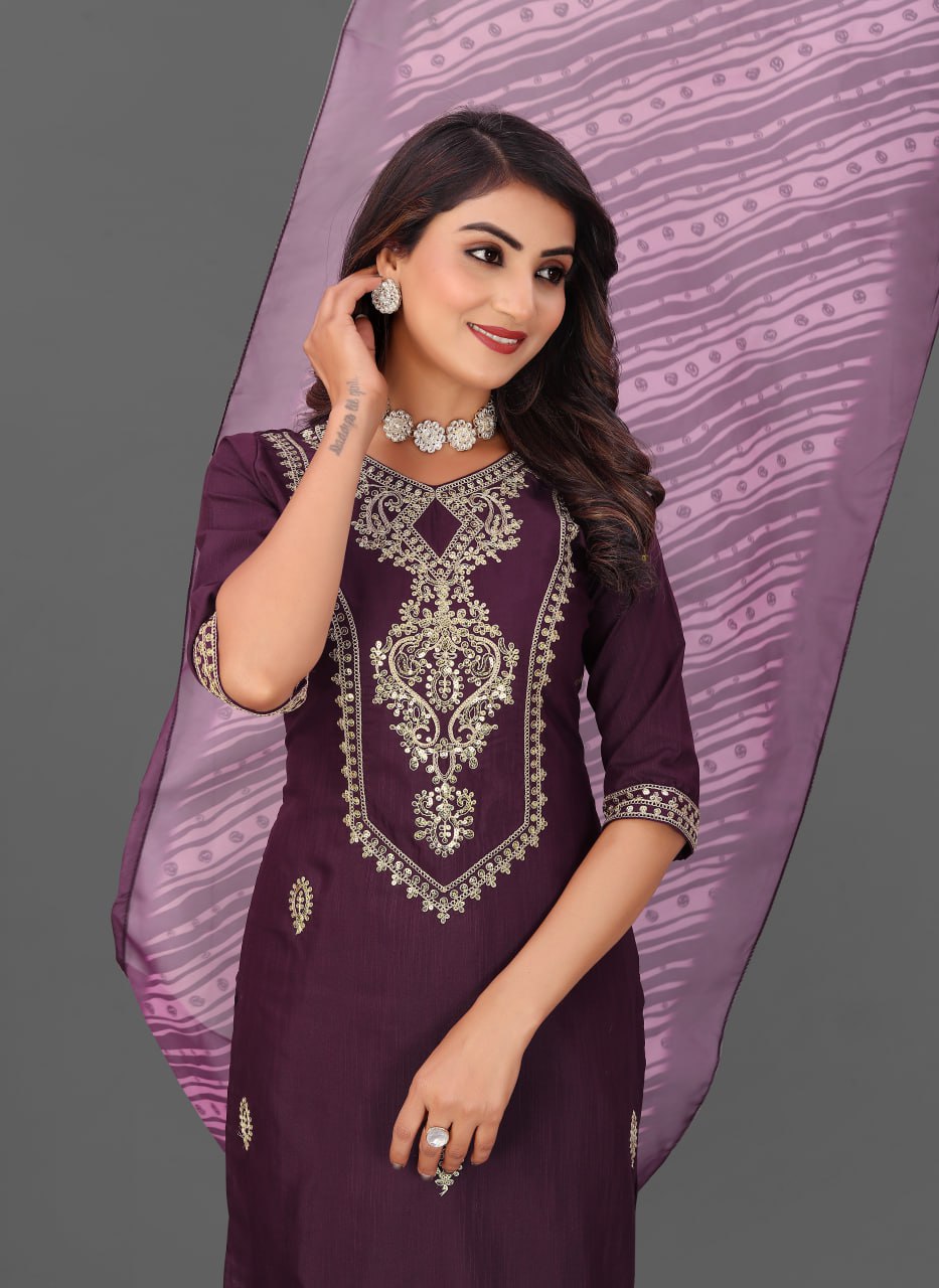 Wine Purple Embroidered Kurta Set with Soft Printed Dupatta