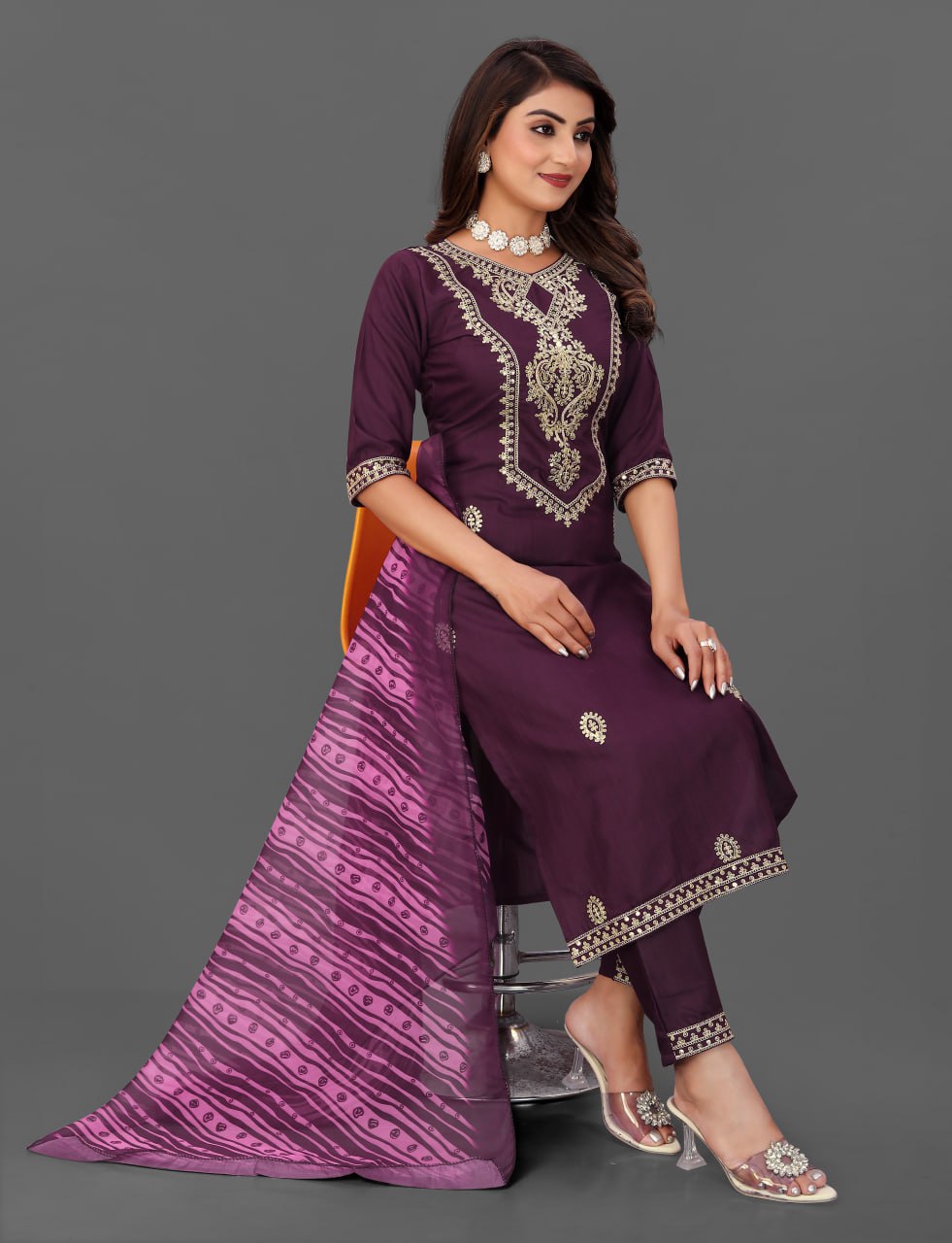 Wine Purple Embroidered Kurta Set with Soft Printed Dupatta