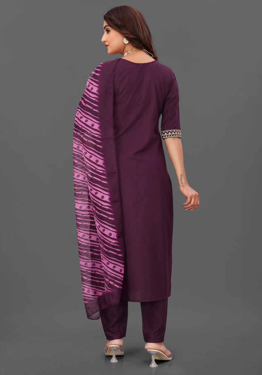 Wine Purple Embroidered Kurta Set with Soft Printed Dupatta