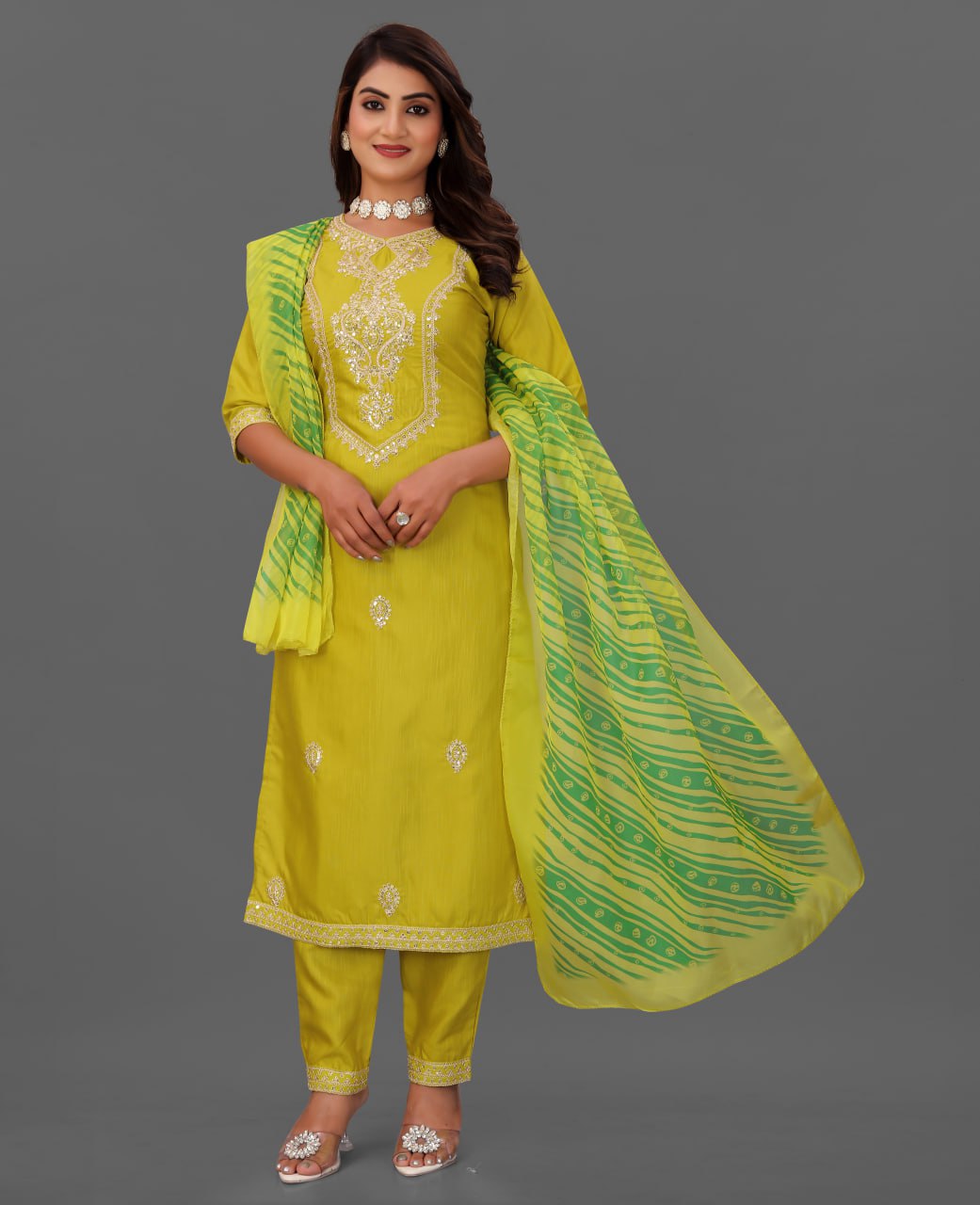 Lime Yellow Embroidered Kurta Set with Designer Dupatta