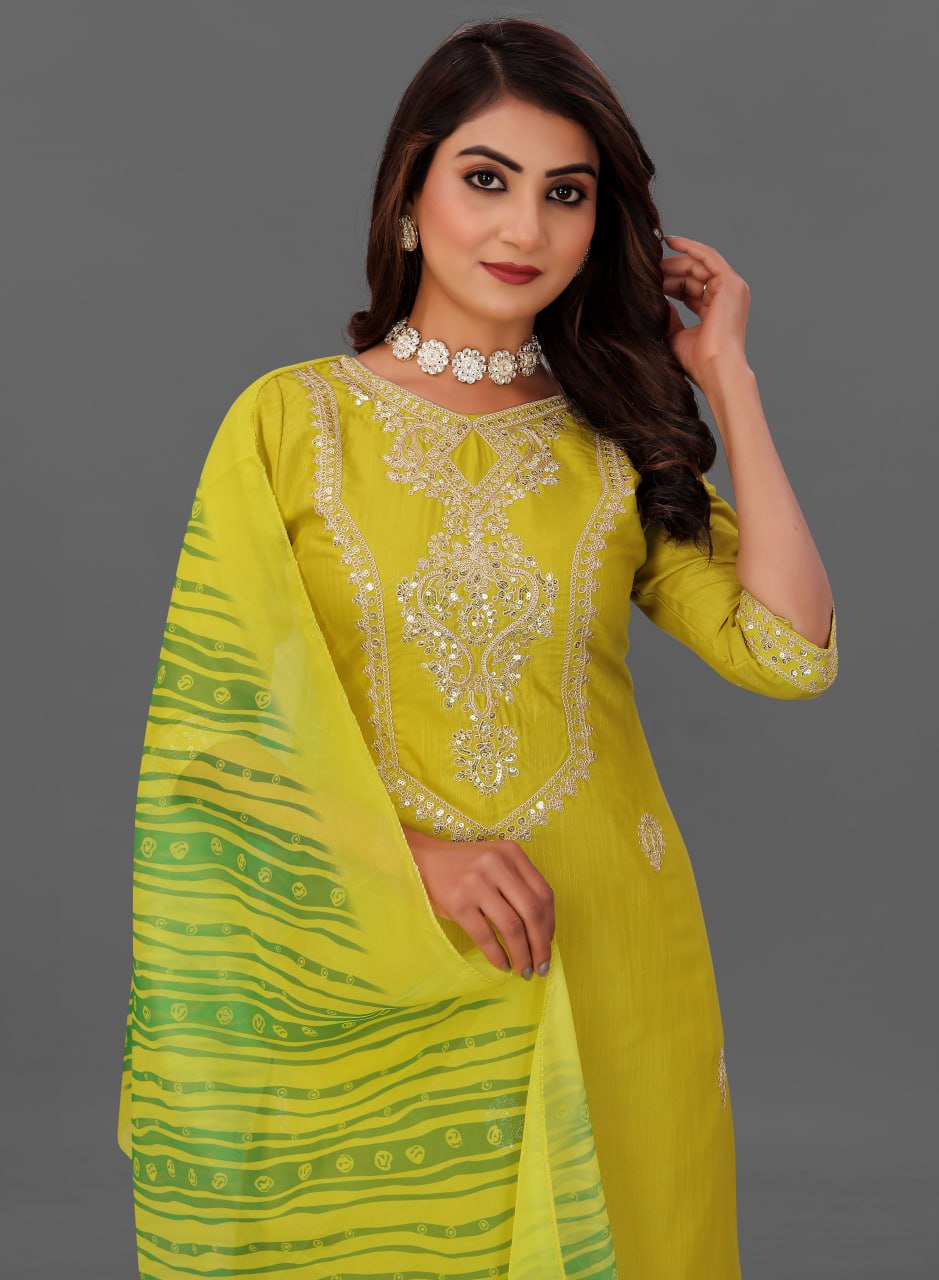 Lime Yellow Embroidered Kurta Set with Designer Dupatta